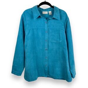 y2k VTG Studio Works Shirt Womens 1X Blue Micro Suede Button Up Lightweight Top